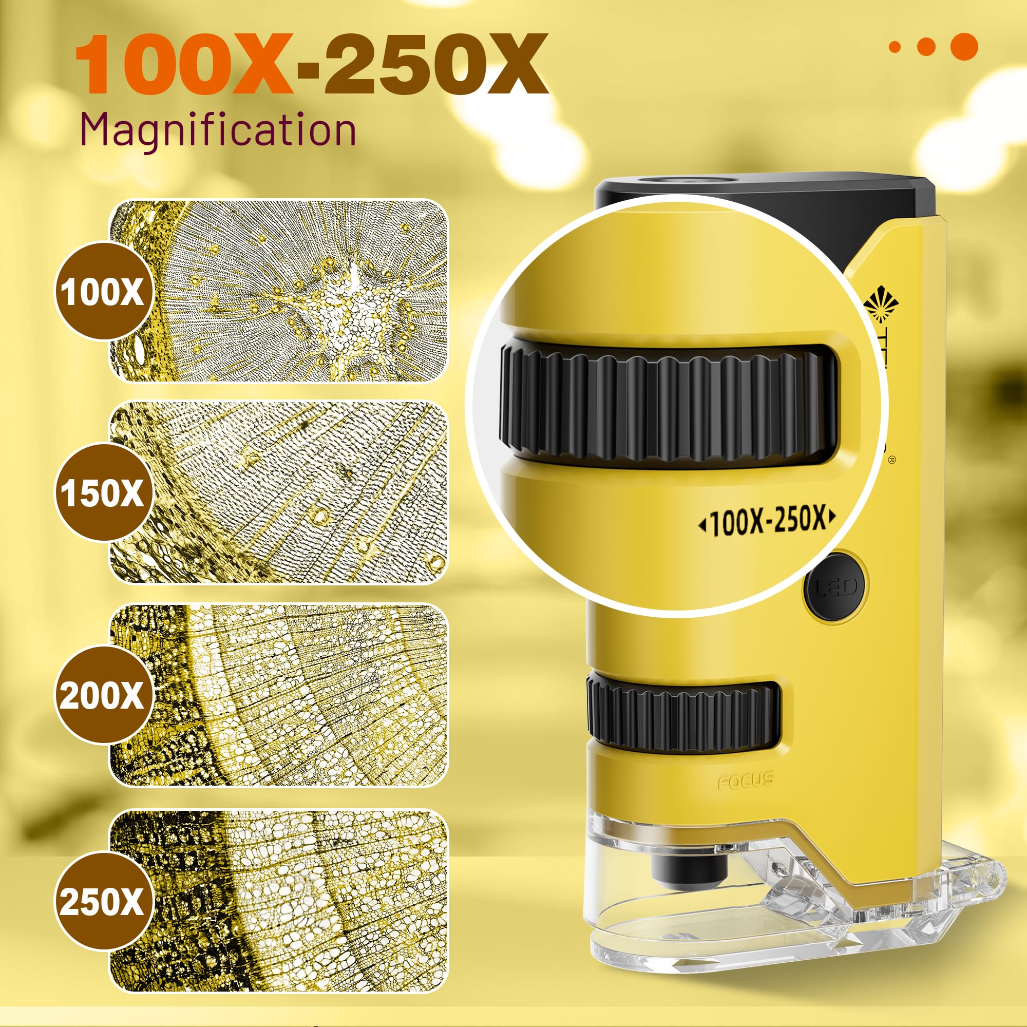 Mini Microscope de Poche 100x-250x pour Enfants Adultes, Microscope Portatif Main, Miniscope Portable pour Enfants Adultes, Scientifique Education, Jaune