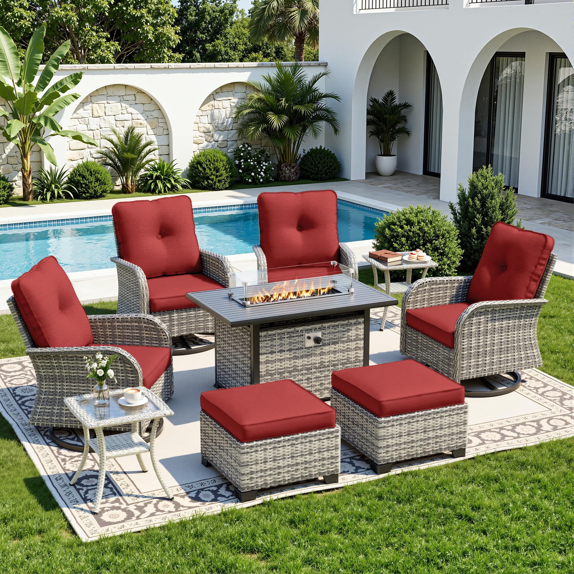 9-Piece Small Patio Furniture Set, Outdoor Swivel Rocking Chairs Set with 55,000 BTU Fire Pit Table Wicker Chairs and Ottomans, Patio Bistro Set for Balcony, Deck, Porch, Red