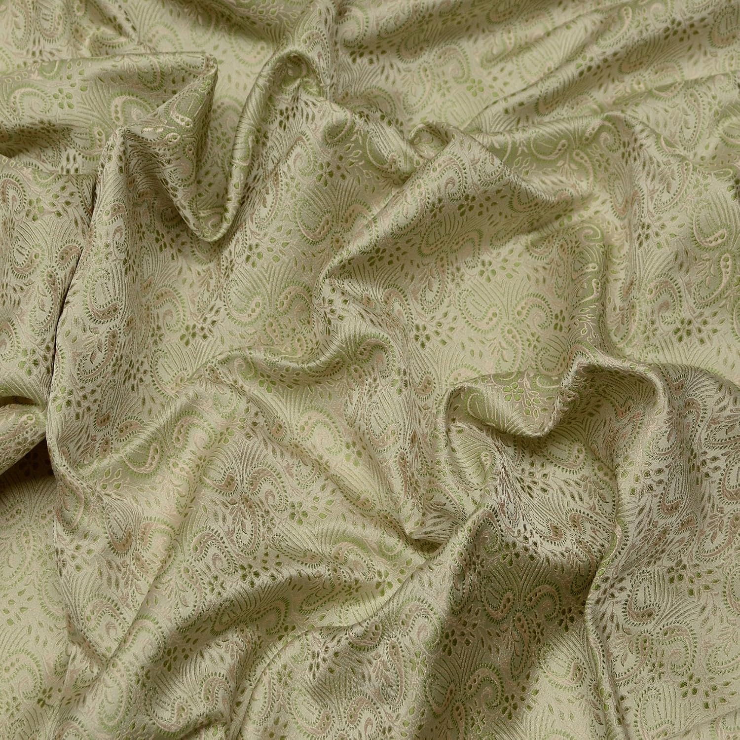 Green & Gold Satin Brocade Jacquard, 100% Silk Fabric, by The Yard, 44" Wide