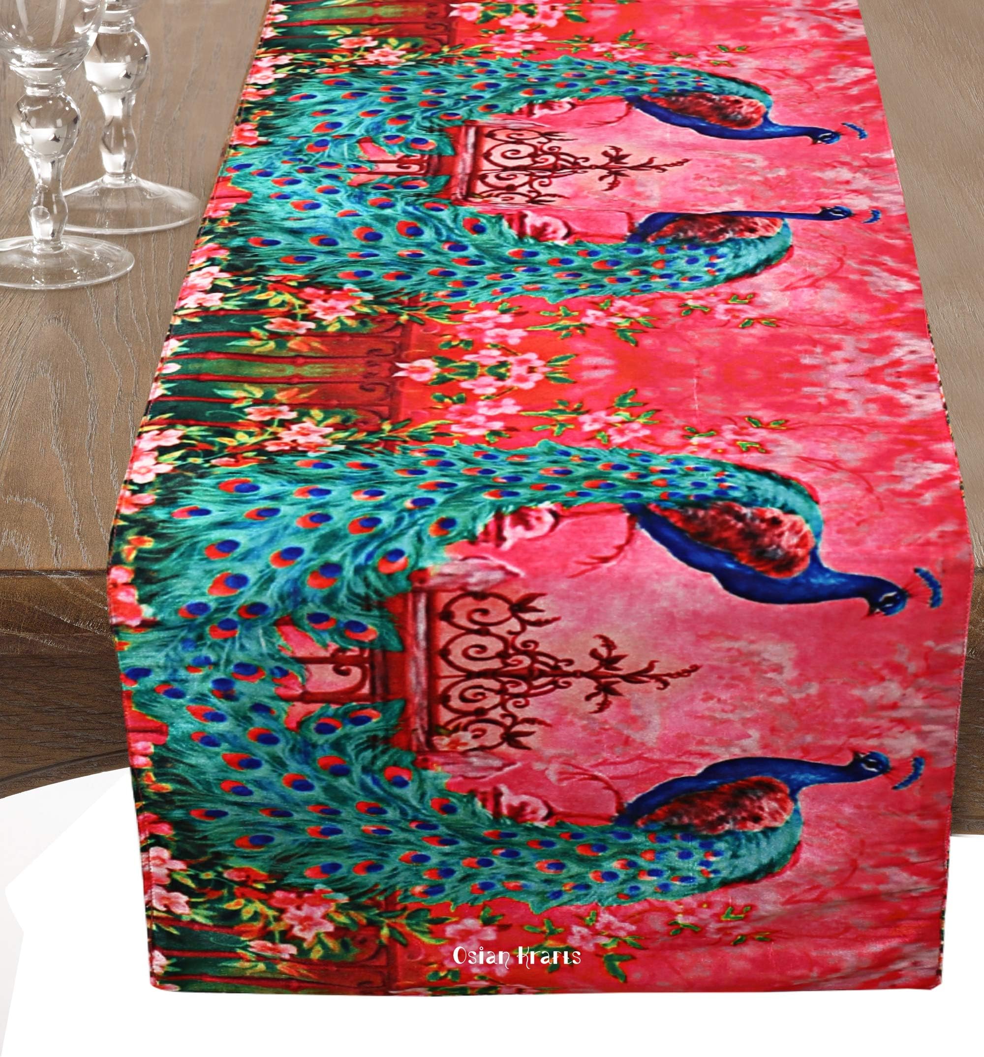 Osian Krafts Diwali Gift Traditional Home Dupion Polyester Silk Digital Printed Colorful Pink & Green Peacock Table Runner for Dining Table 6 & 4 Seater Centre Table Top Rectangle | 72x12 Inches