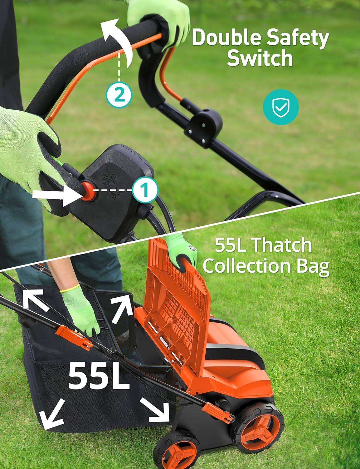 Aspiron Electric Dethatcher Scarifier, 16-Inch 15 Amp Lawn Dethatcher with 5-Position Depth Adjustment, 14.5 Gal Removable Thatch Collection Bag, Quick-Fold, Keeps Lawn Health, Orange