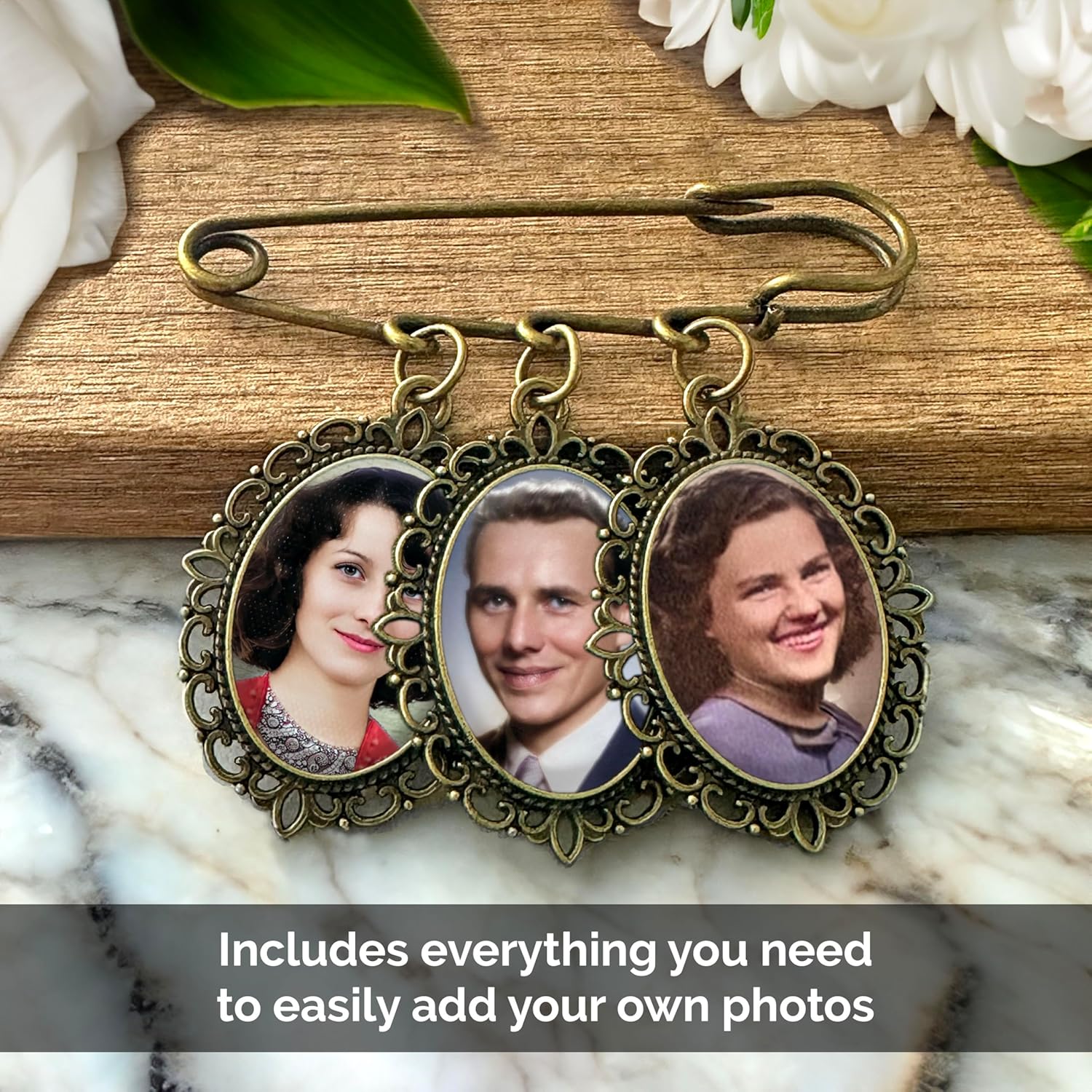 Wedding Boutonniere or Bouquet Photo Charm Bronze Gold Pin Holds 3 Pictures For Lapel or Bride's Flowers Mother of the Bride Groom with Photo Resizer - Image 3