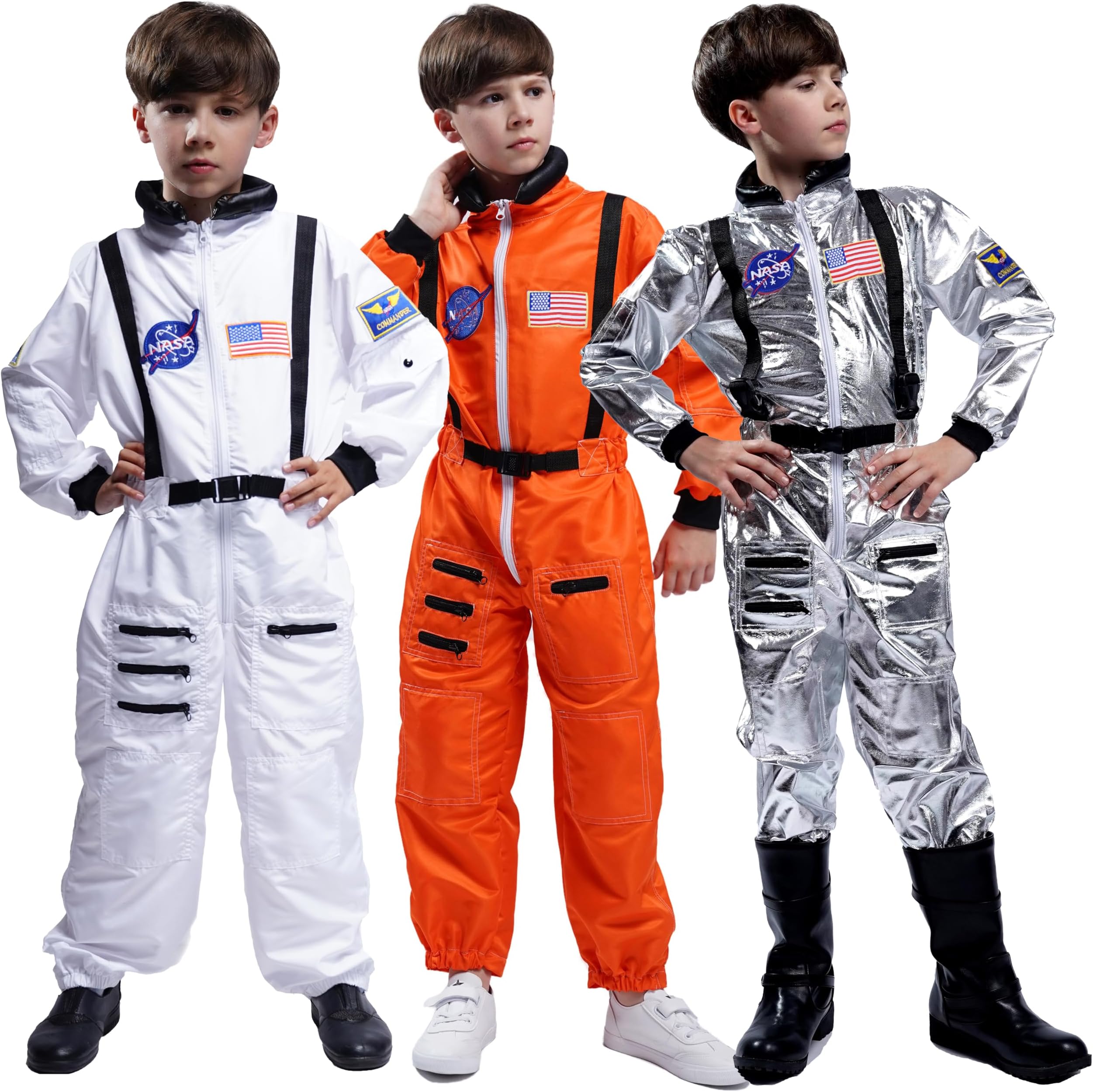 Maxim Party Supplies Kids Astronaut Costume Space Suit Onesie With Embroidered Patches And Pockets For Children, Boys (2/3, White)