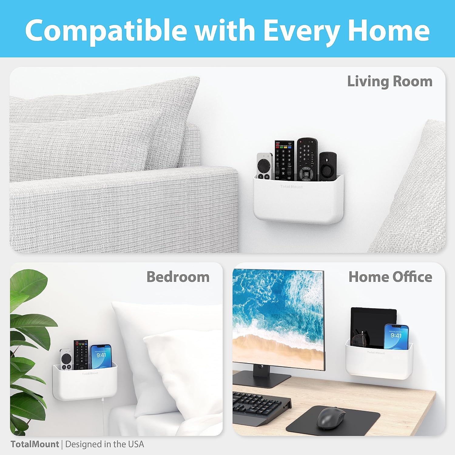 TotalMount Hole-Free Remote Holder – Eliminates Need to Drill Holes in Your Wall (For 3 or 4 Remote Controls – Premium White – Quantity 1)
