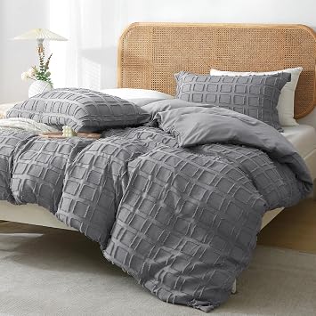 MILDLY Waffle Weave Duvet Cover Set Grey Tufted Duvet Cover 100% Washed Microfiber Soft & Breathable Textured Comforter Cover Set with Zipper Closure Corner Ties