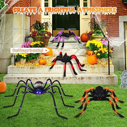 Miniatura 6 de Rocinha Paquete de 4 arañas de Halloween, araña gigante de 4 pies y araña peluda colorida con ojos rojos, araña grande iluminada con LED que cambian