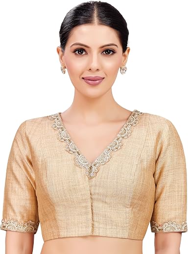 Studio Shringaar Crepe Women's Linen Brocade Embroidered V-Neck Readymade Saree With Elbow Length Sleeves Blouse