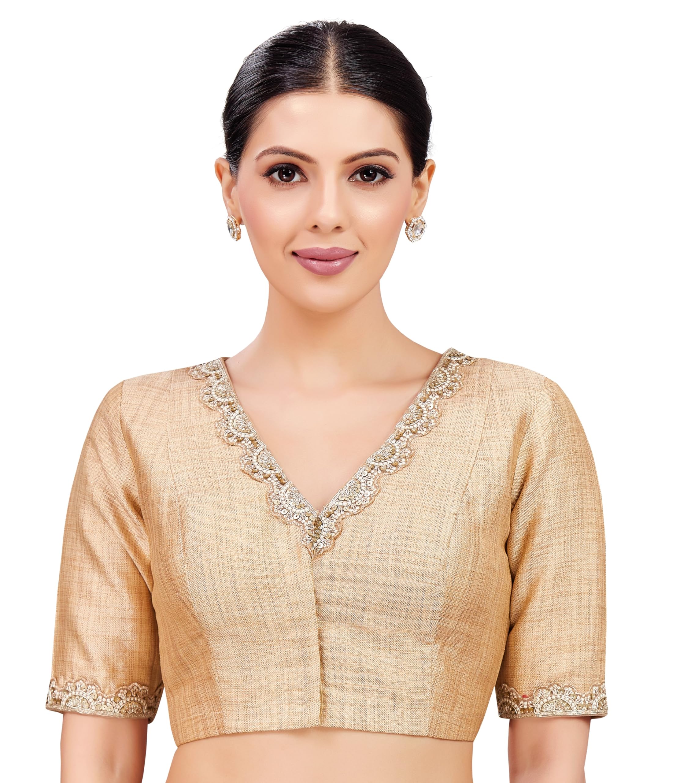Crepe Women's Linen Brocade Embroidered V-Neck Readymade Saree With Elbow Length Sleeves Blouse