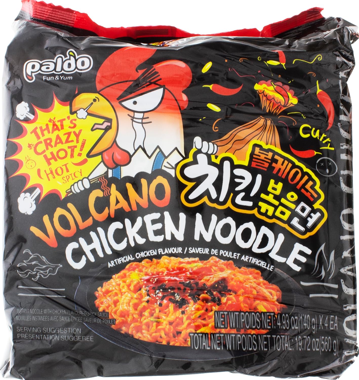 PALDO FUN & YUM Volcano Hot & Spicy Chicken Flavored Instant Ramen, 4.93 Ounce (Pack of 4)