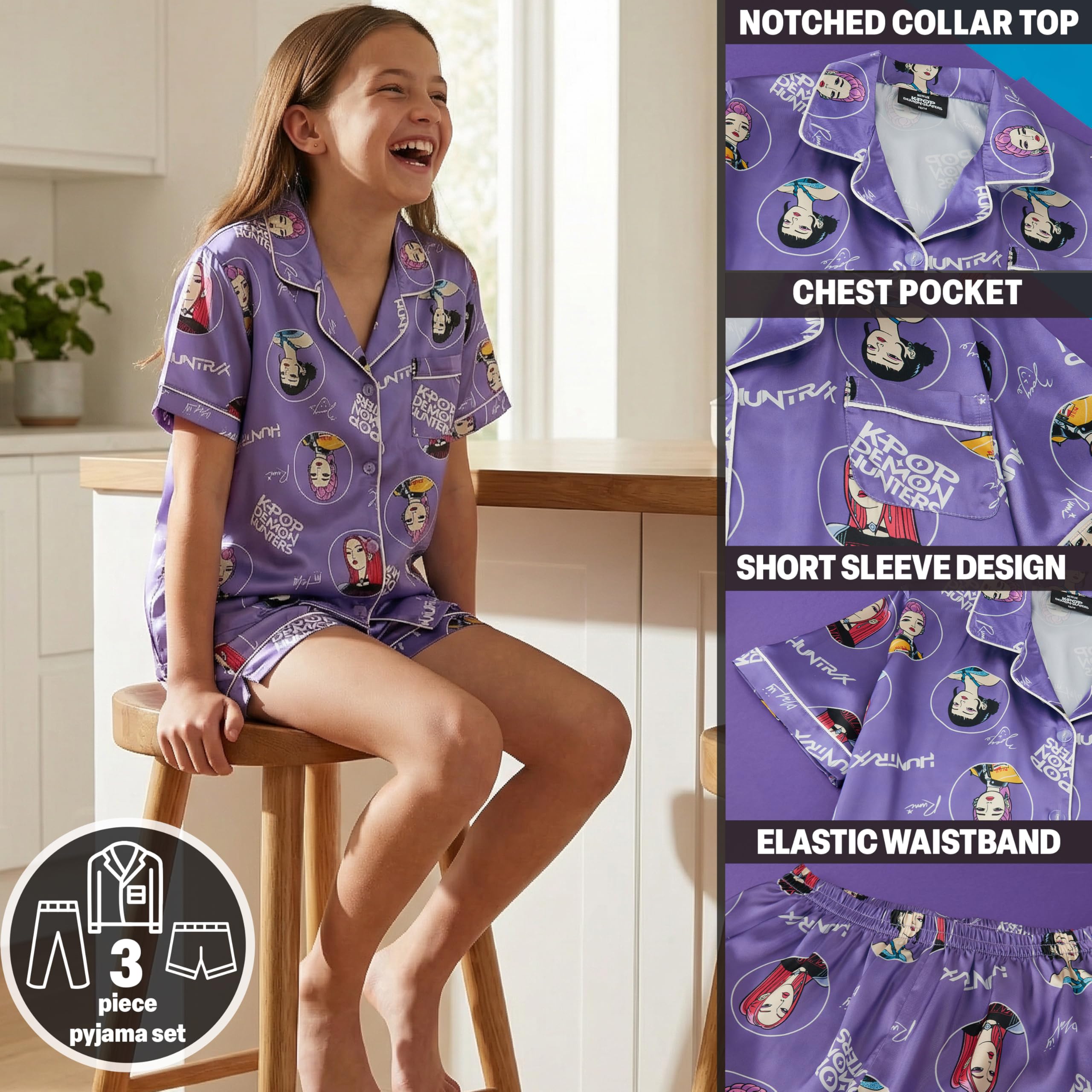 Pijama Niñas 5-14 Años Conjunto Satén 3 Piezas Camiseta Manga Corta Pantalon Largo y Corto