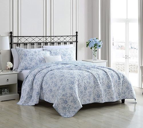 Laura Ashley Home - Juego de edredón individual, ropa de cama reversible de algodón con flores, decoración del hogar para todas las estaciones (Azul