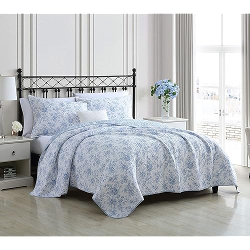 Laura Ashley - Twin Quilt Set, Reversible Floral Cotton Bedding with Matching Sham, Home Decor for All Seasons (Walled Garden Blue, Twin)