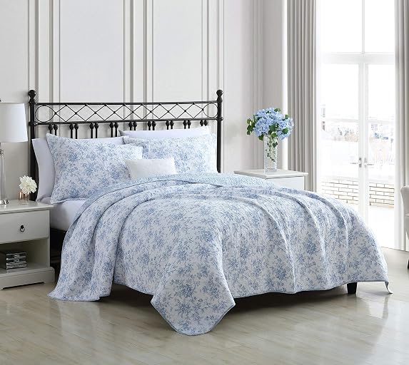 Laura Ashley - Queen Quilt Set, Soft Cotton Bedding with Matching Shams, Reversible Floral Toile Design, Floral Room Decor, Lightweight for Year-Round Layering (Walled Garden Blue)