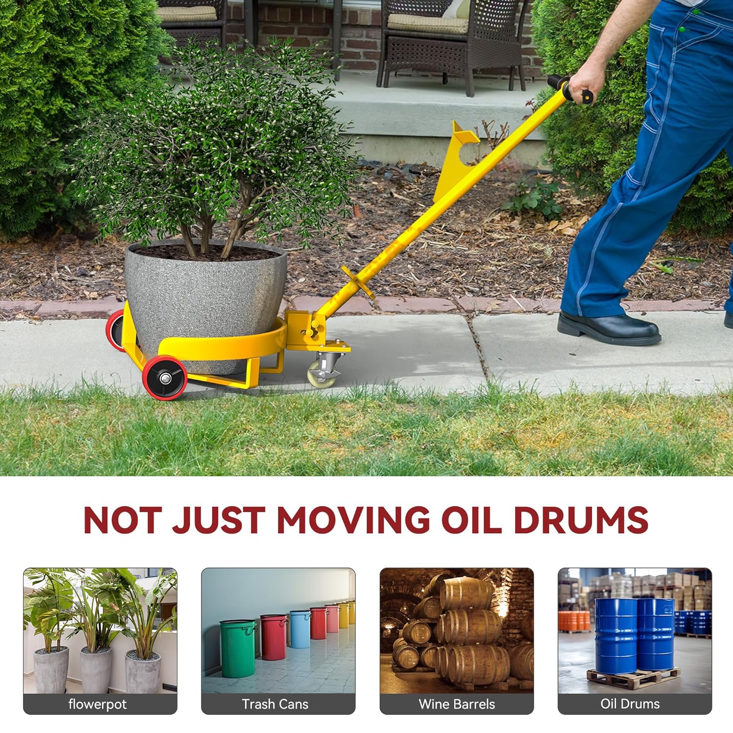 YITAMOTOR 1200 lbs Capacity 55 Gallon Drum Dolly, Heavy Duty Drum Cart with Bung Wrench Handle, 55 Gal Drum Dolly with Swivel Wheels with Brake, 4 Universal Bottle Openers, Low Profile, Yellow