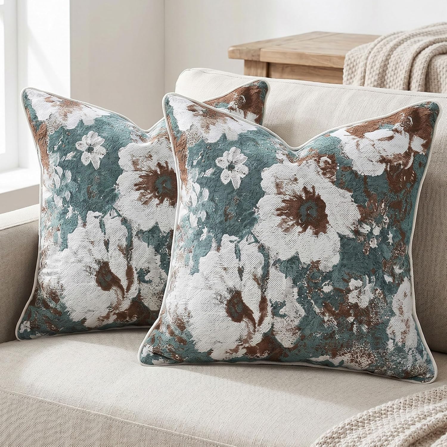Pack of 2 Neutral Floral Pillow Covers 18x18 Inches, Vintage Woven Rose Pattern Accent Couch Pillow Cover Plush Textured Hidden Zipper Decor Throw Pillow Covers for Sofa Living Room Bedroom, Blue