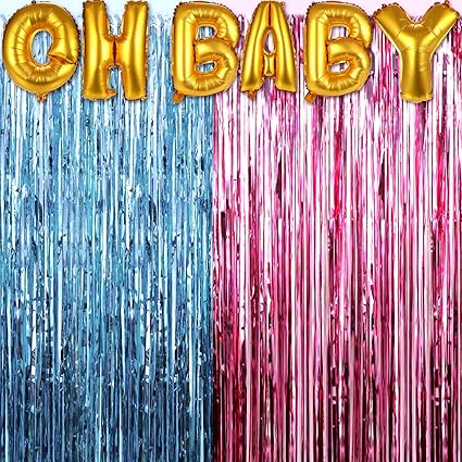 Zhanmai 2 Pieces Rideaux De Frange En Feuille De Clinquant Metallique Rideaux De Tinsel De Revelation De Sexe Avec Ballons Oh Baby Pour Decoration De Fete De Douche De Bebe Amazon Fr