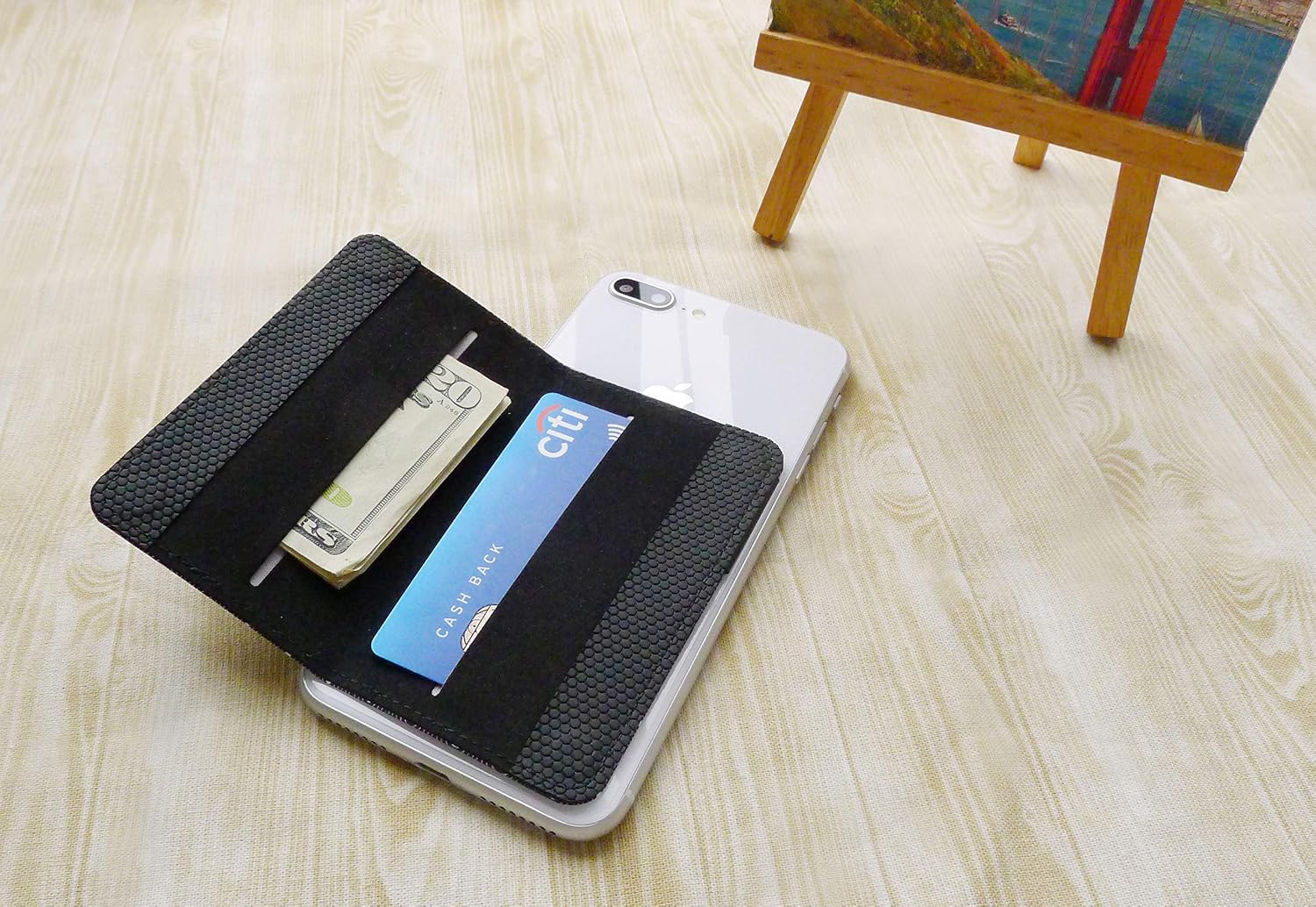 Tainada Stick-On Adhesive Flip Card Holder Multi-Card Slot Wallet ID, Credit Card Cash with Phone Stand Function Compatible with Most of Smartphones + One Cord Wrapper (Geometric Pattern Black)