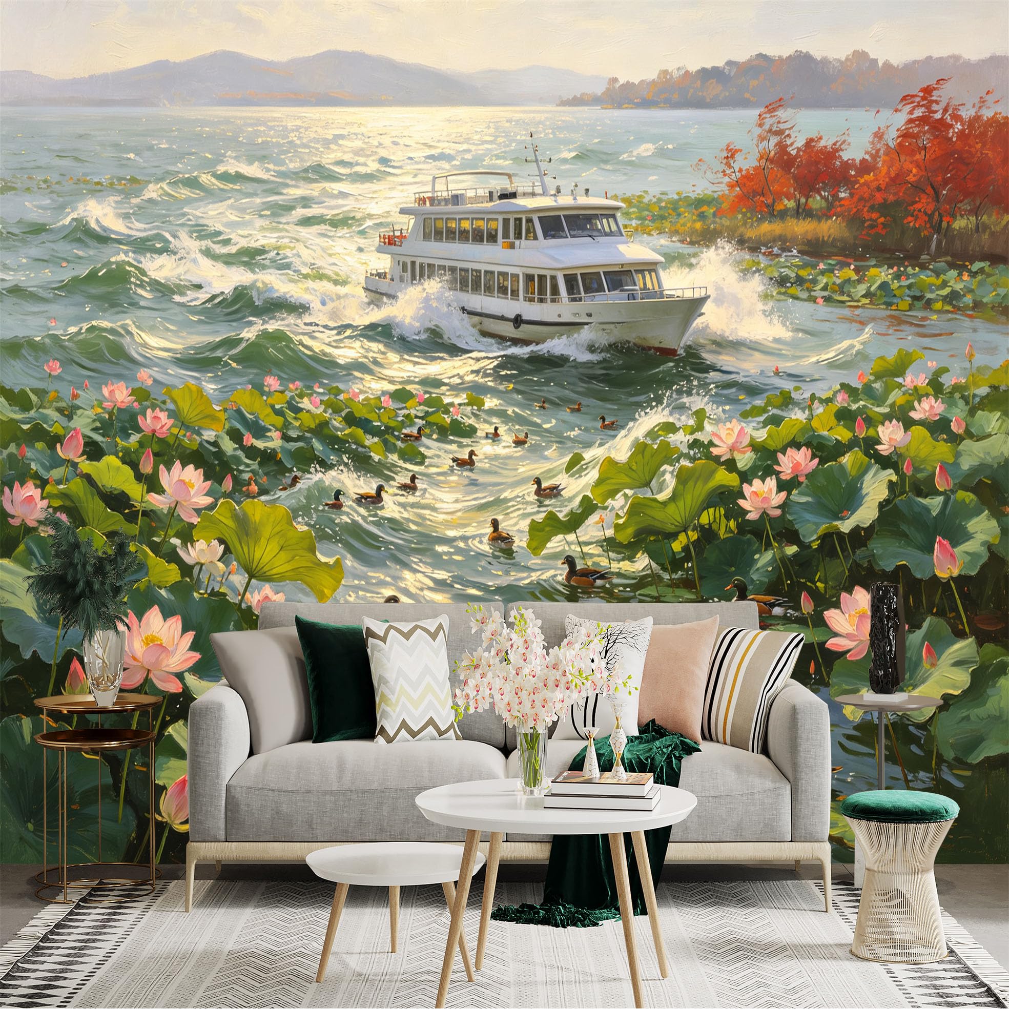 Custom Size Wall Sticker Mural， Cruise Ship on Lake， Swimming Mandarin Ducks， Pink Lotus Flowers， Autumn Maple Trees， for wall Decoration， peelandstick wall Decals.