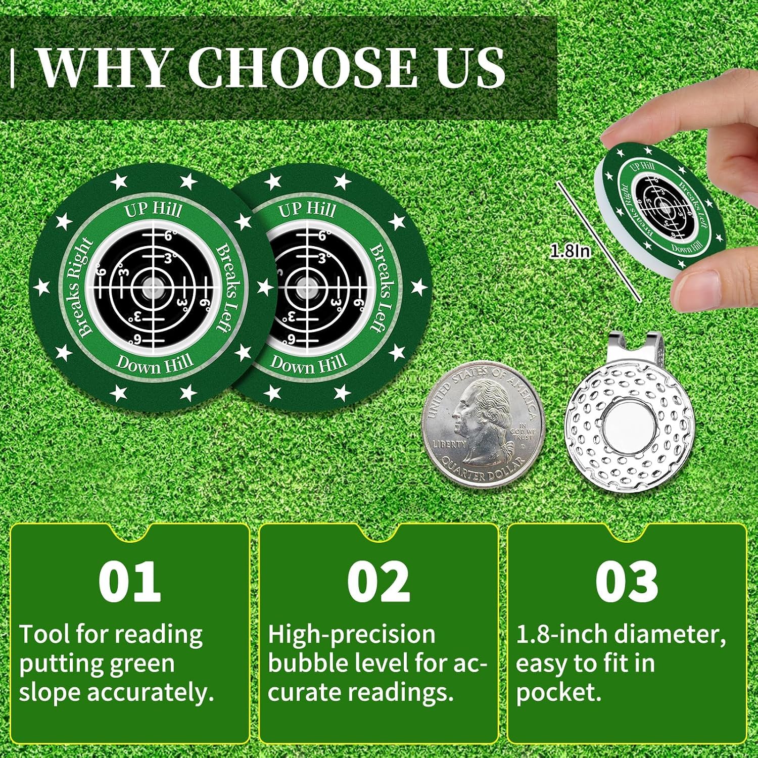 Golf Green Reader, 2 Pack Golf Ball Marker Hat Clip with High Precision Horizontal Bubble, Putting Training Aid Golf Accessories Tool Gift for Men Women image 4