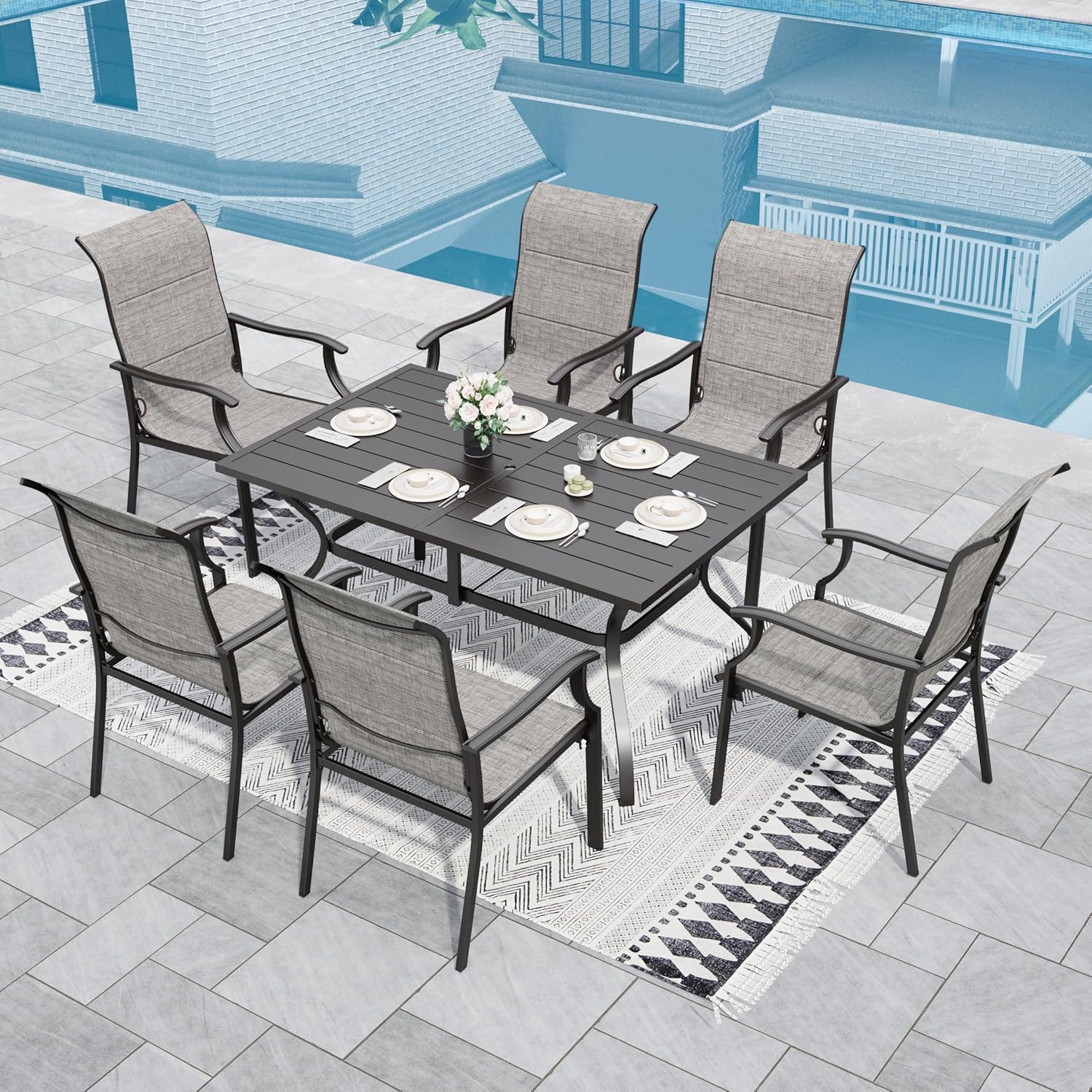 Sophia & William Patio Dining Set for 6 - Metal Outdoor Table & Chairs with 60" Rectangle Table, Quick-Dry Textilene High Back Chairs, 350lb Capacity