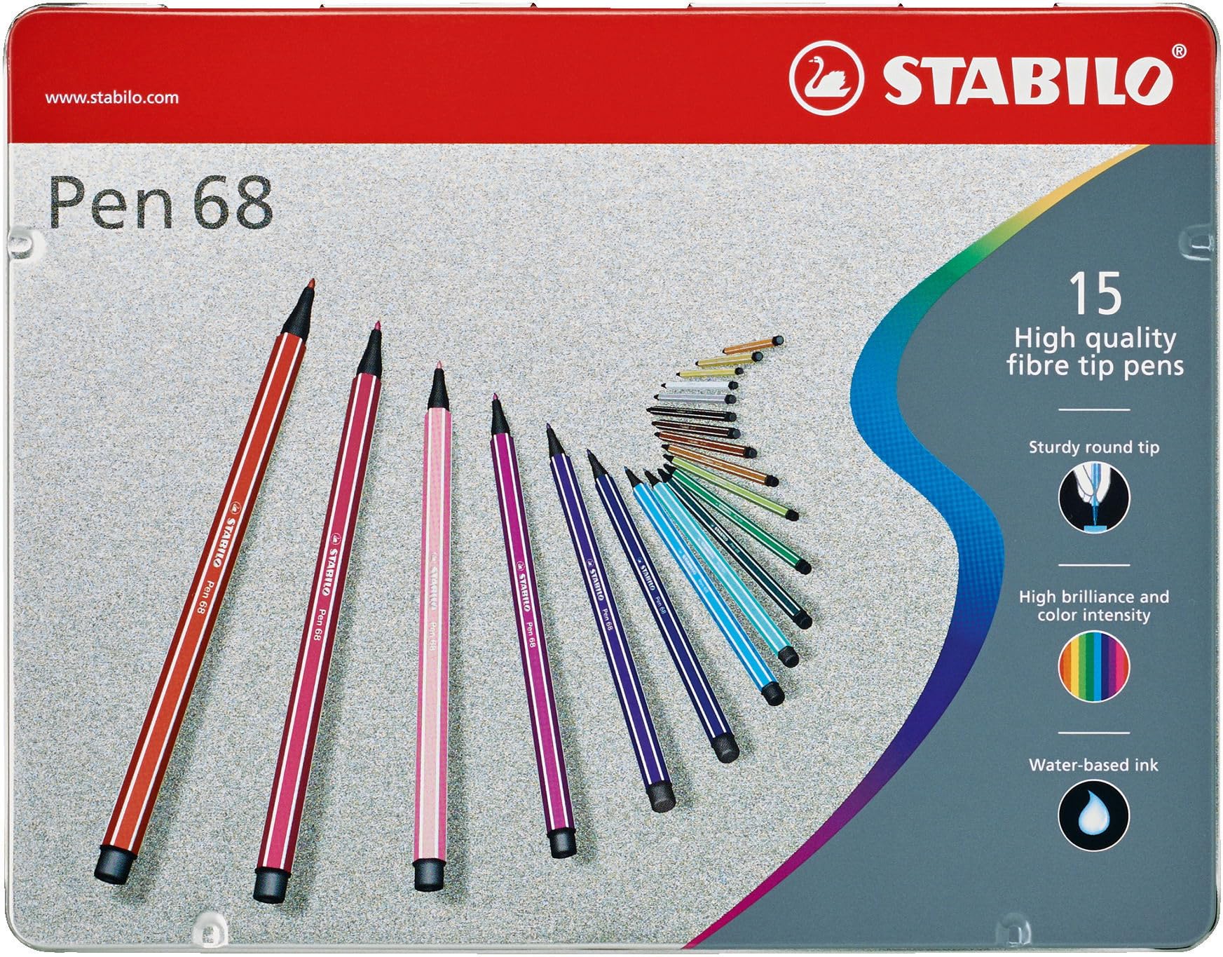 STABILO Pen 68 - Premium Fibre-Tip Pen - Arty - Tin of 15 - Assorted Colours