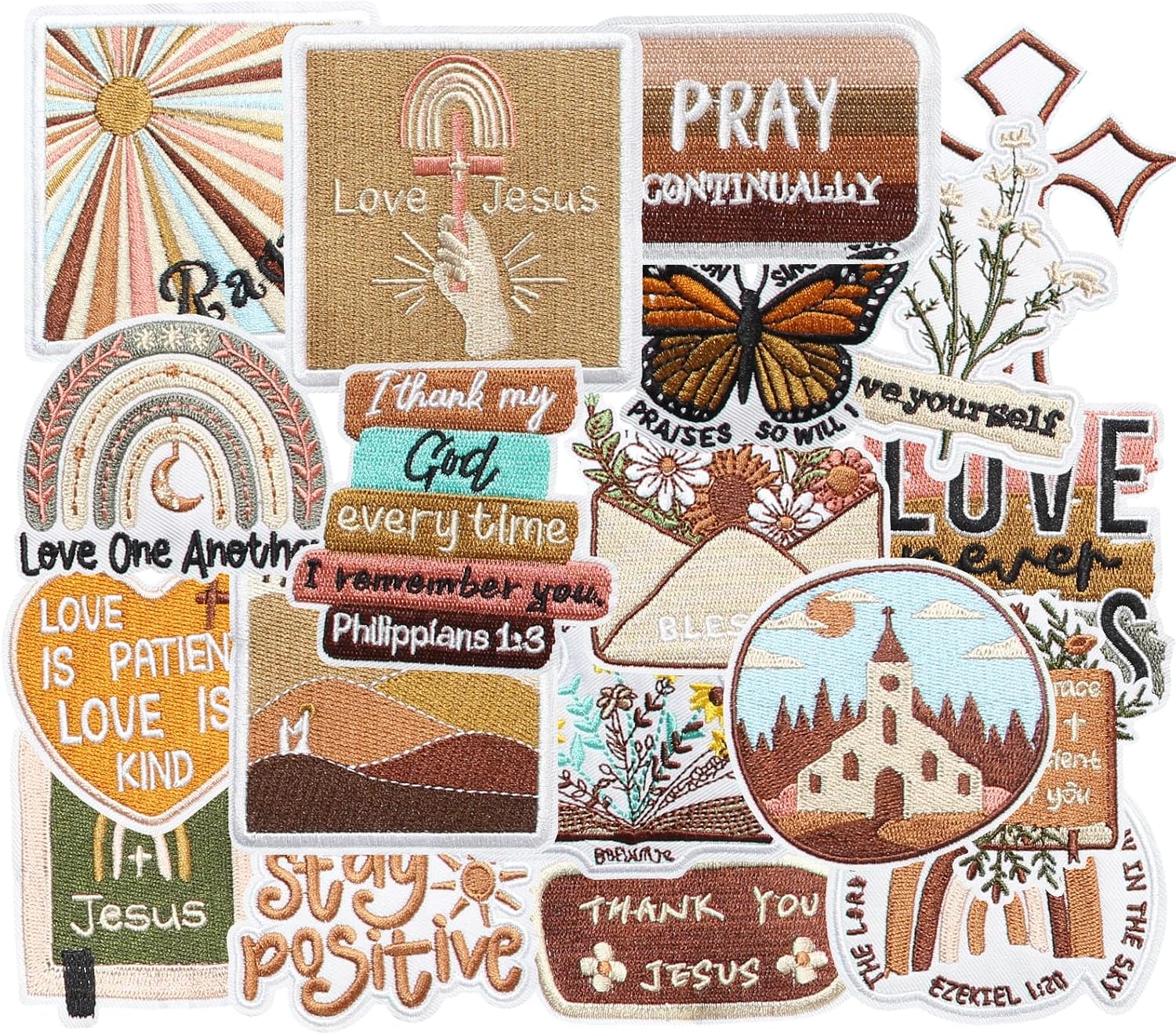19PCS Retro Brown Faith Iron on Patches Set, Christian Scripture Embroidered Appliques, Vintage Style Iron On Patches for Clothes