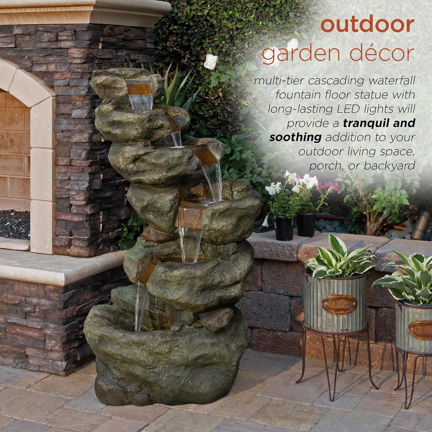 Alpine Corporation TZL106 48" Rock Waterfall Fountain with LED Lights - Outdoor Floor Water Feature for Garden, Patio, and Backyard Decoration, Gray
