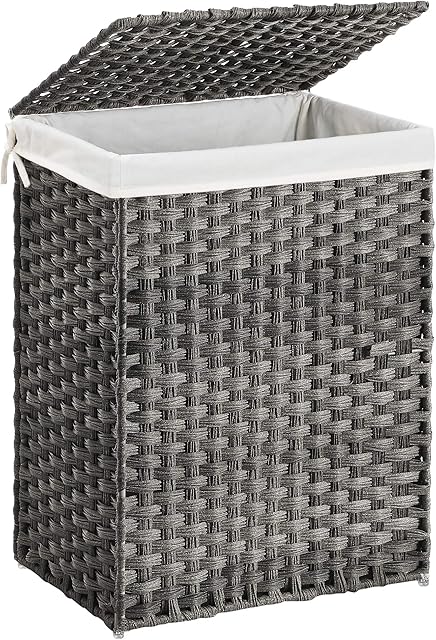 SONGMICS Handwoven Laundry Basket, 90L Synthetic Rattan Clothes Hamper with Lid and Handles, Foldable, Removable Liner Bag, Grey LCB51WG