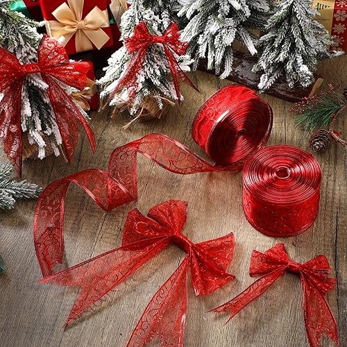 Miniatura 5 de WILLBOND 80 yardas, 2 rollos de cinta navideña con alambre de organza con purpurina para guirnalda de árbol de Navidad, cinta transparente en