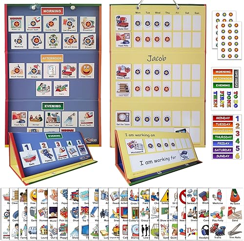 SchKIDules Tabla magnética de horario visual y recompensas de lujo con 189 imanes coloridos y tablero plegable reversible de 18 pulgadas para