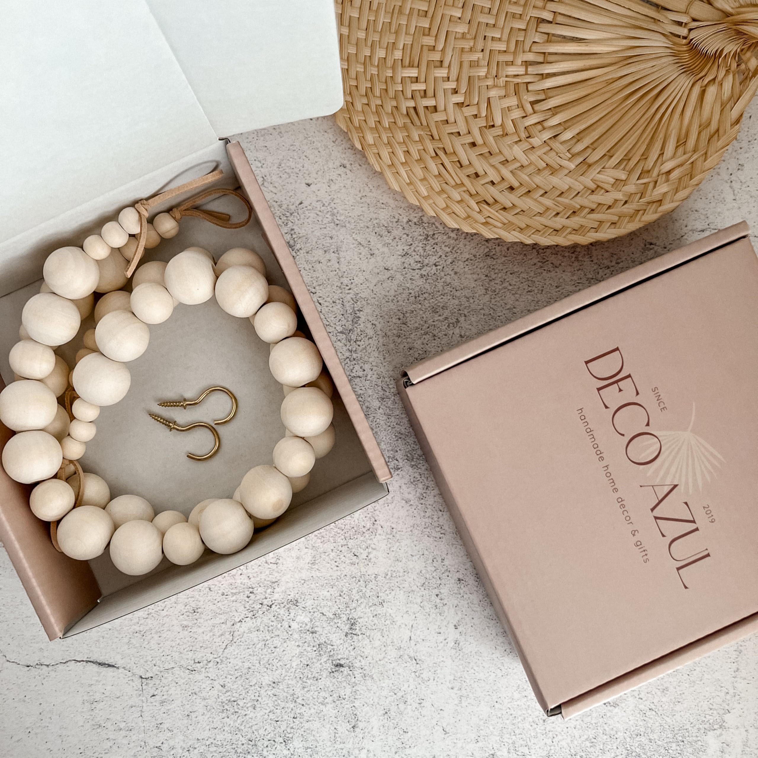 Deco Azul Curtain Tiebacks – Set of 2 Boho Wood Bead Holdbacks with Brass Hooks – Rustic Curtain Tie Backs for Drapes, Bedroom, Nursery, or Kitchen (22 Inches)