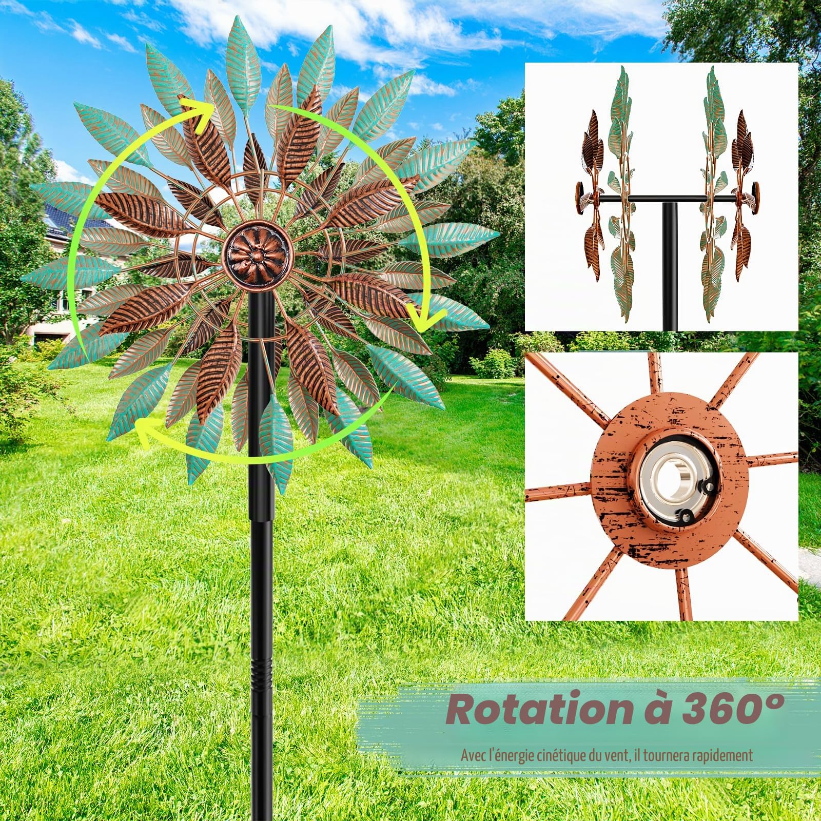 Wind Spinner Sculpture Cinétique Métallique, Déco Jardin Extérieur à Rotation, Hauteur Ajustable avec Socle à 5 Branches, Résistant à la Rouille, Grand Format (Vert + Brun)
