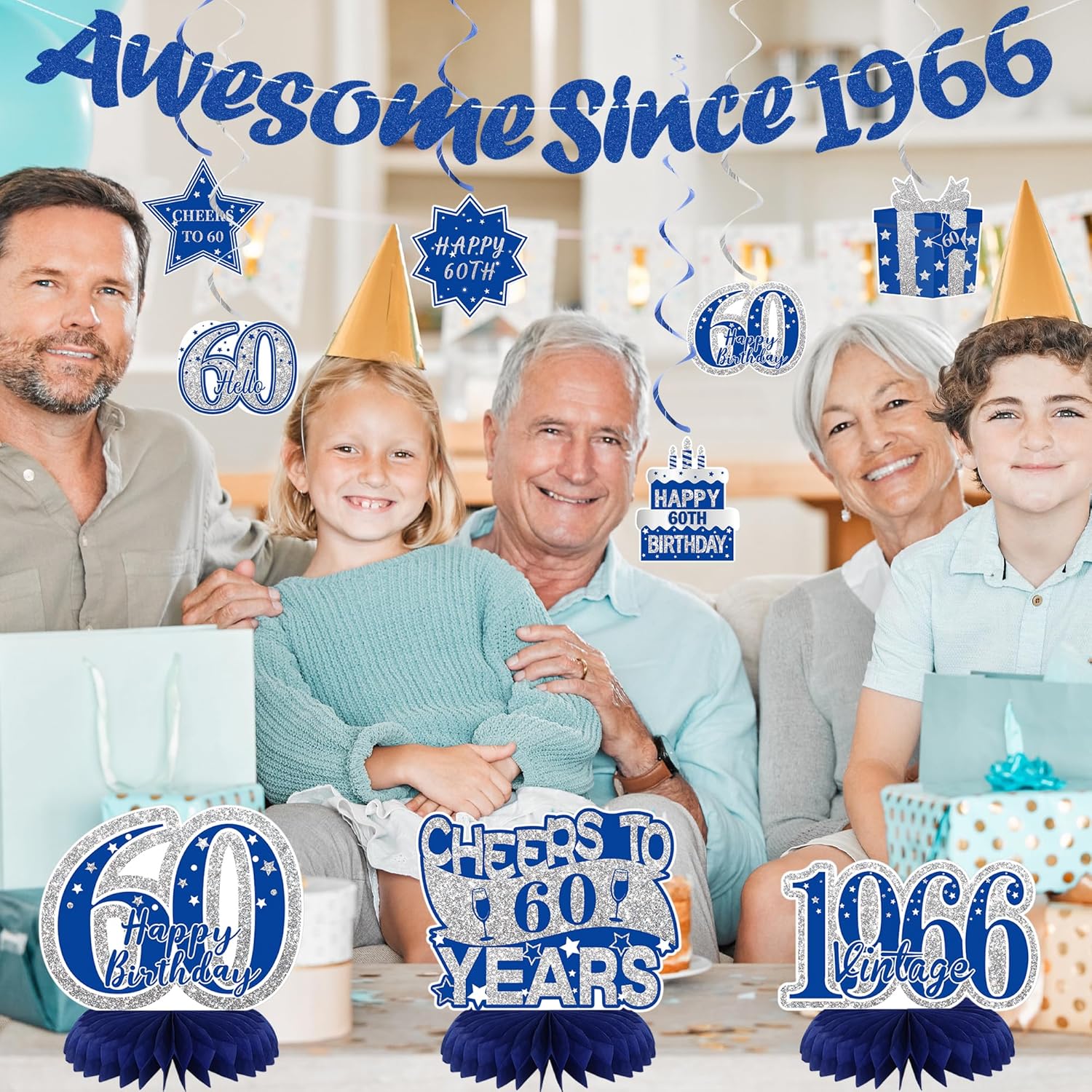 Crenics Blue 60th Birthday Decorations for Men or Women - Happy 60th Birthday Banner, Awesome Since 1966 Banner, Honeycomb Centerpieces and Hanging Swirls for 60 years old Party Supplies - Image 5