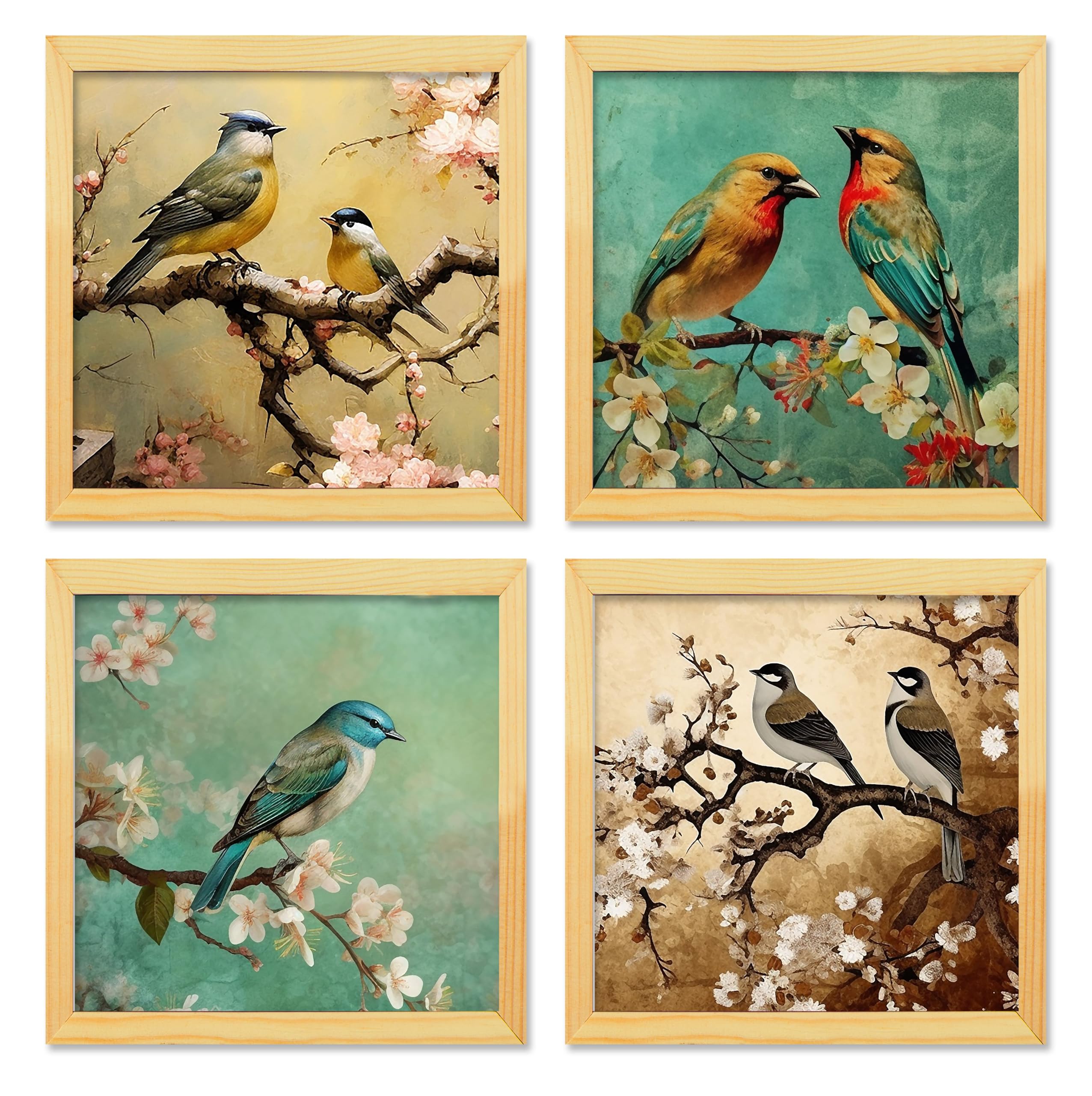 Rousrie Floral Birds Theme Wall Art, Beautiful Artwork Frame Prints, Textured Posters for Living Room, Bedroom, Home Decor (Wooden- Design 2)
