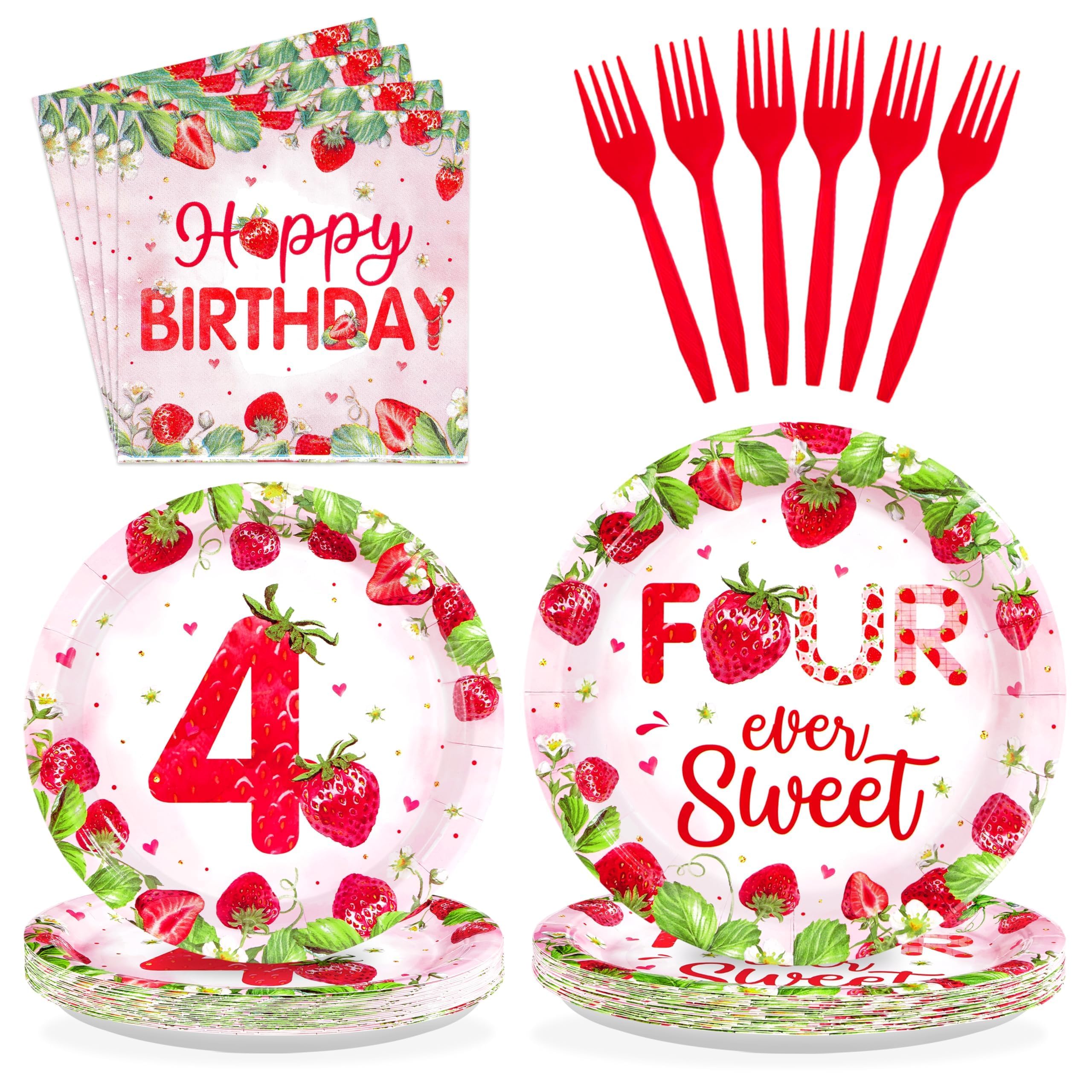 Grencian 96Pcs Strawberry 4th Birthday Party Decoration, Serve 24