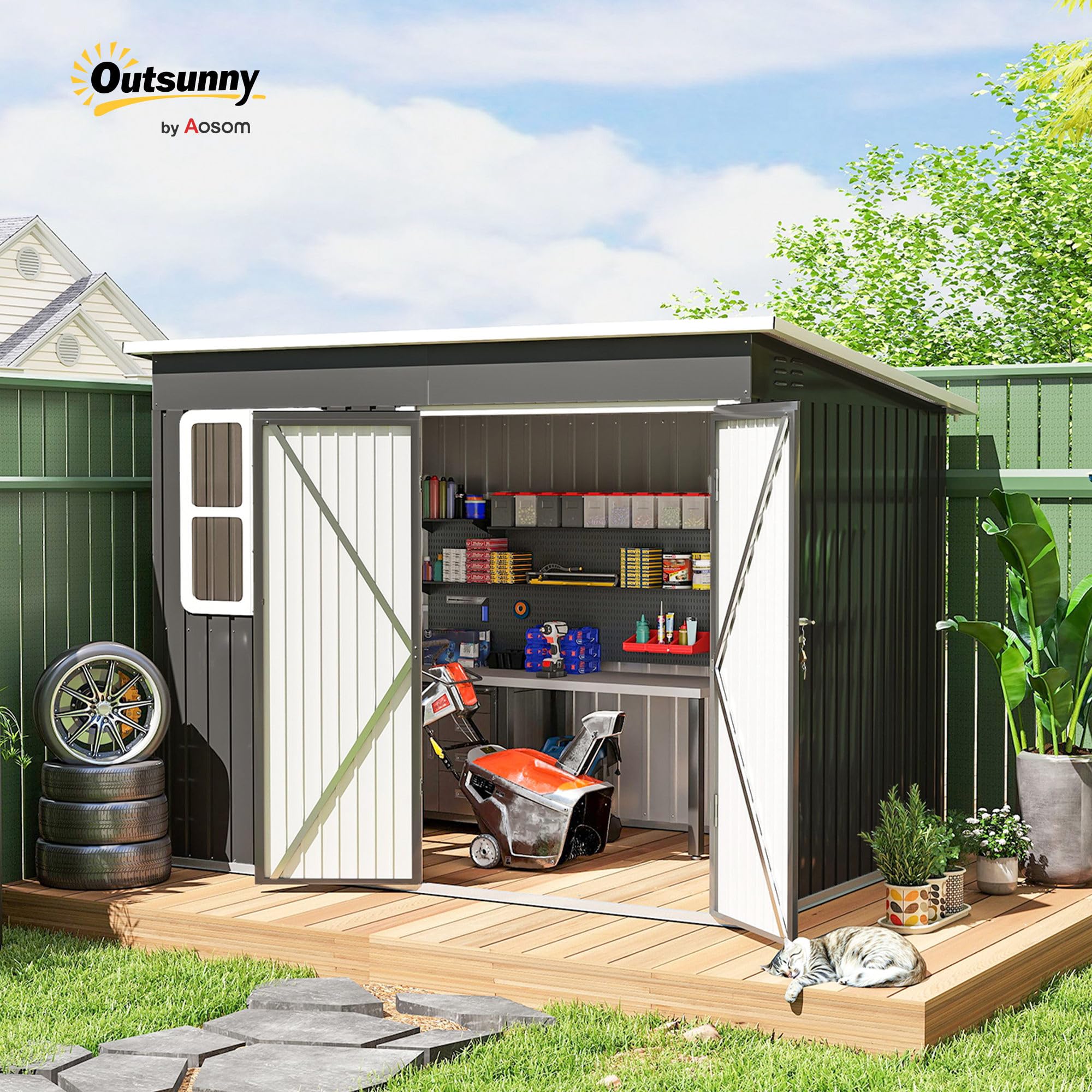 Outsunny Metall Gerätehaus 4,13 m² Geräteschuppen mit Fenster Pultdach 260 x 177 x 190 cm wetterfest Dunkelgrau