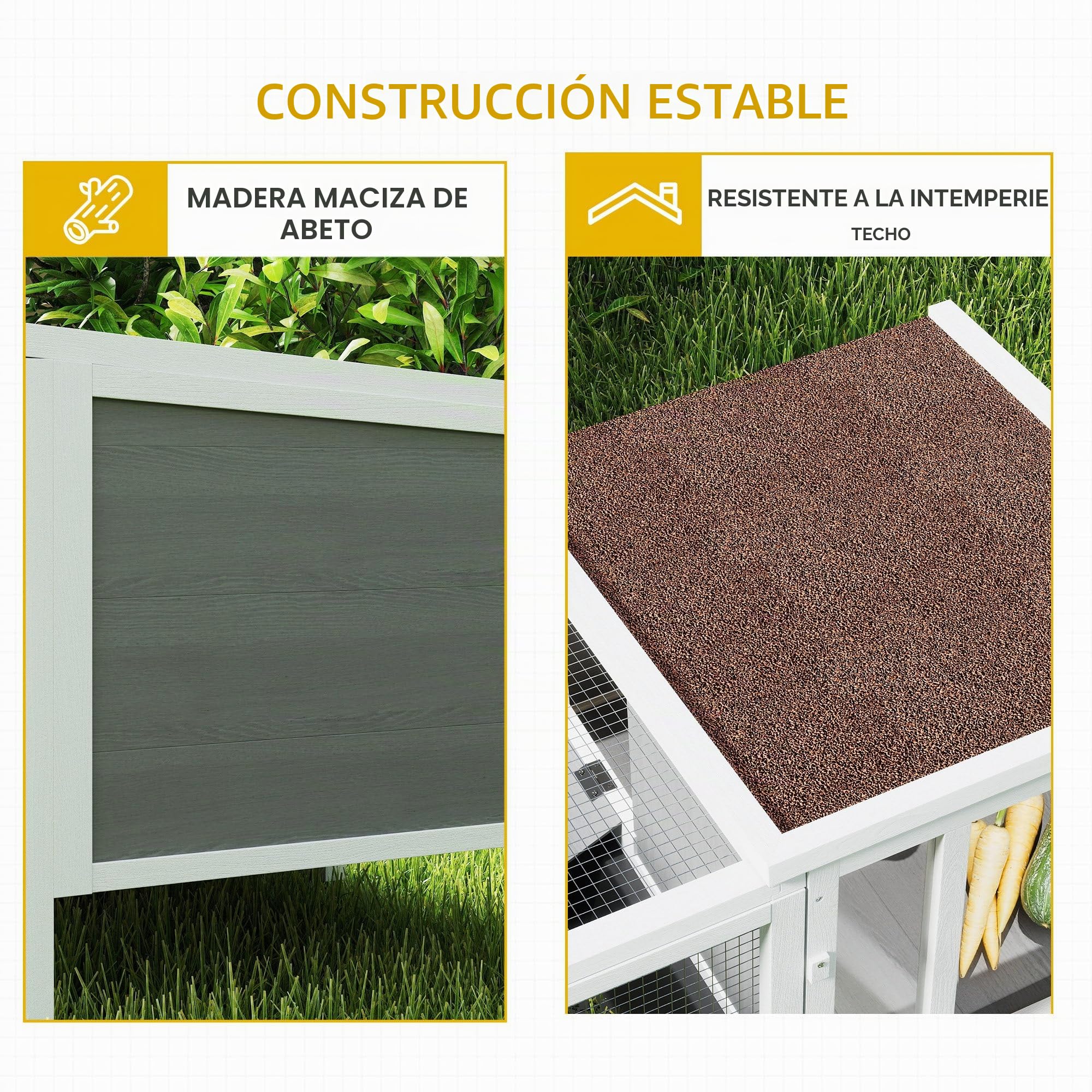 Conejera de Madera PawHut con recinto Libre, rampa, 3 entradas, conejera para Animales pequeños con Techo hidrófugo practicable, Bandeja extraíble, para cobayas 105 x 57,5 x 51,5 cm Gris