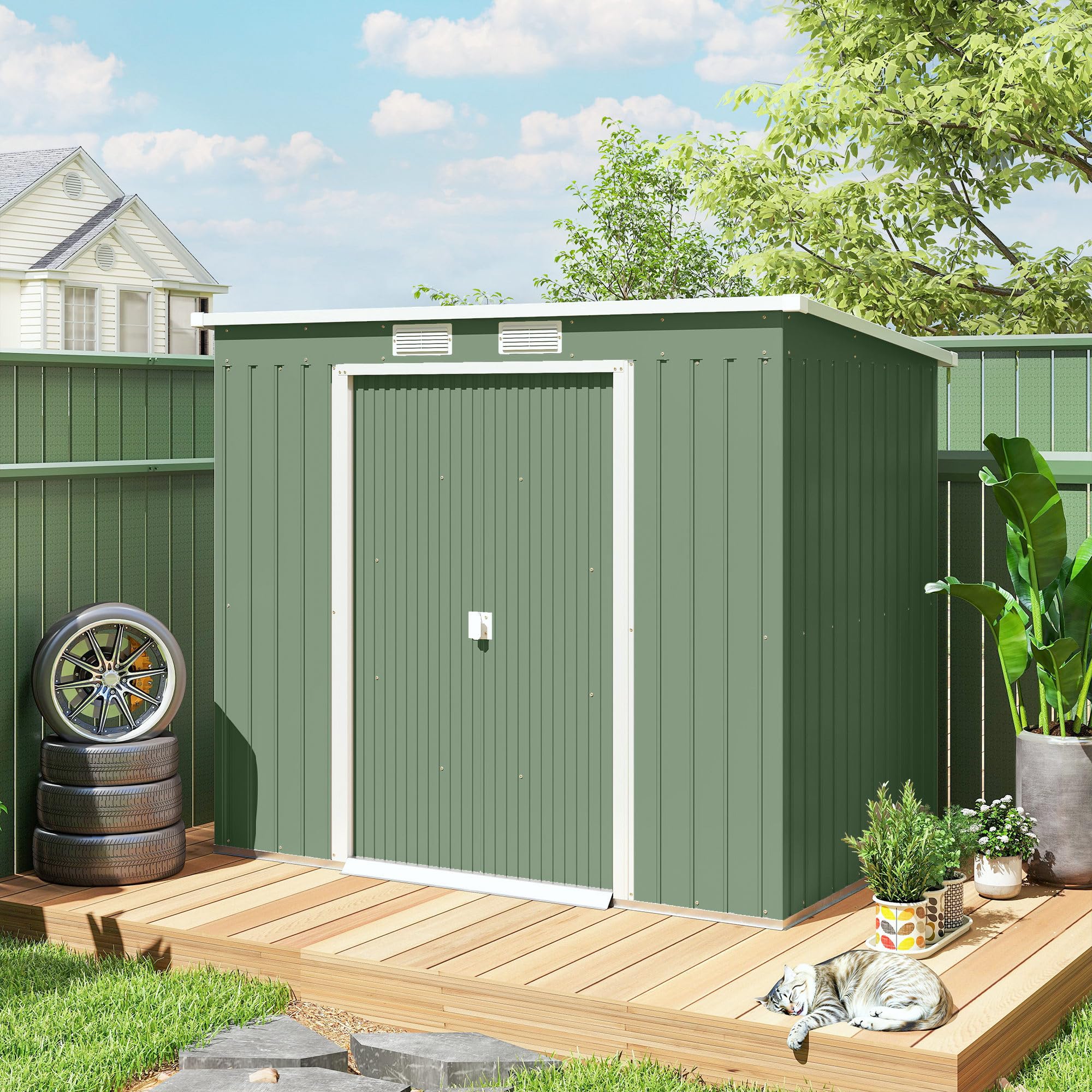 Outsunny Domek na narzędzia 2,42 m², domek ogrodowy z oknem wentylacyjnym, drzwiami przesuwnymi, fundamentem, 213 x 130 x 159/172 cm, szopa na narzędzia ze stali ocynkowanej, odporna na warunki