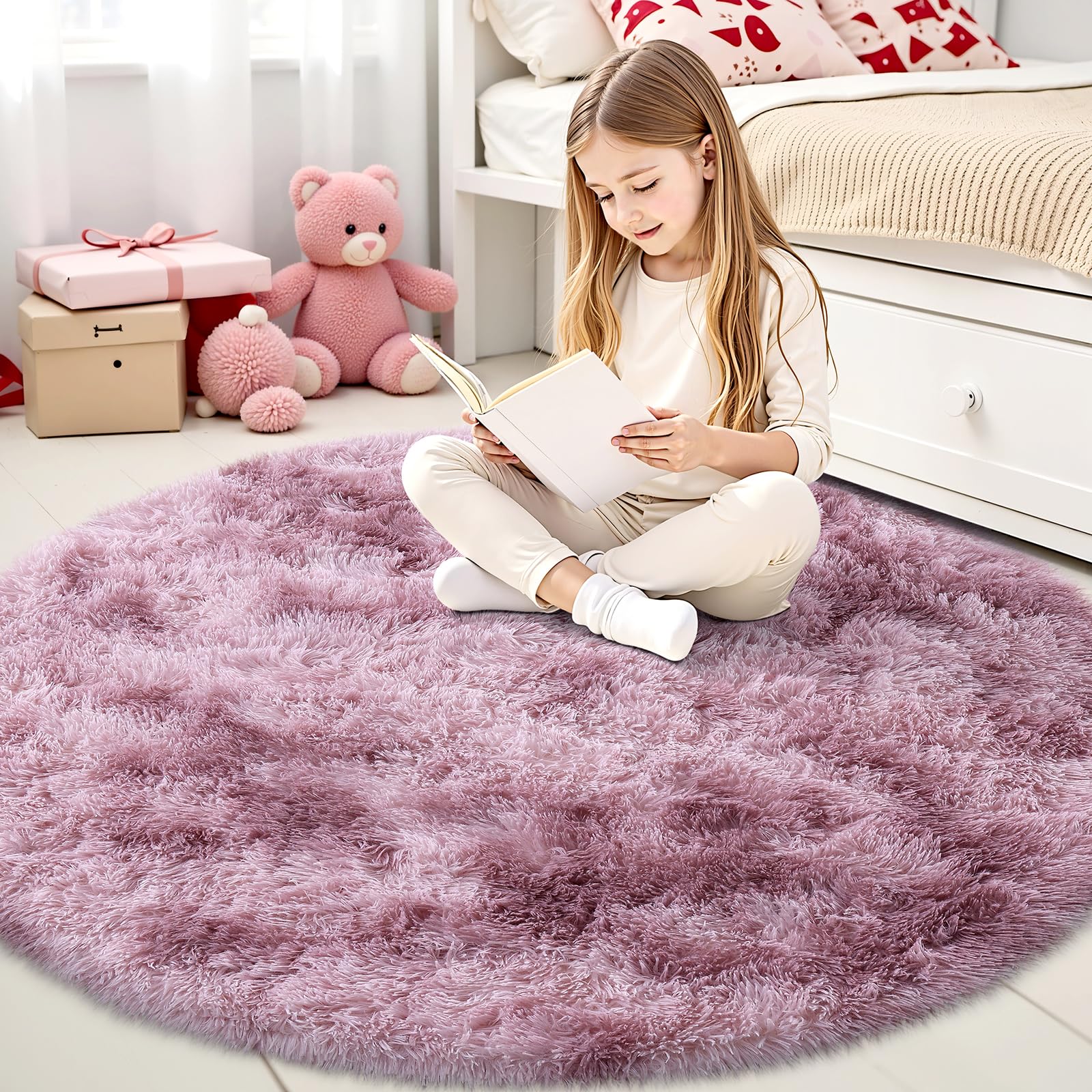 smiry Rugs Living Room 120x120cm, Area Rugs for Bedroom, Machine Washable Anti Slip Soft Fluffy Shaggy Tie-dye Floor Carpet for Kids Girls and Boys, Nursery Room, Dark Pink
