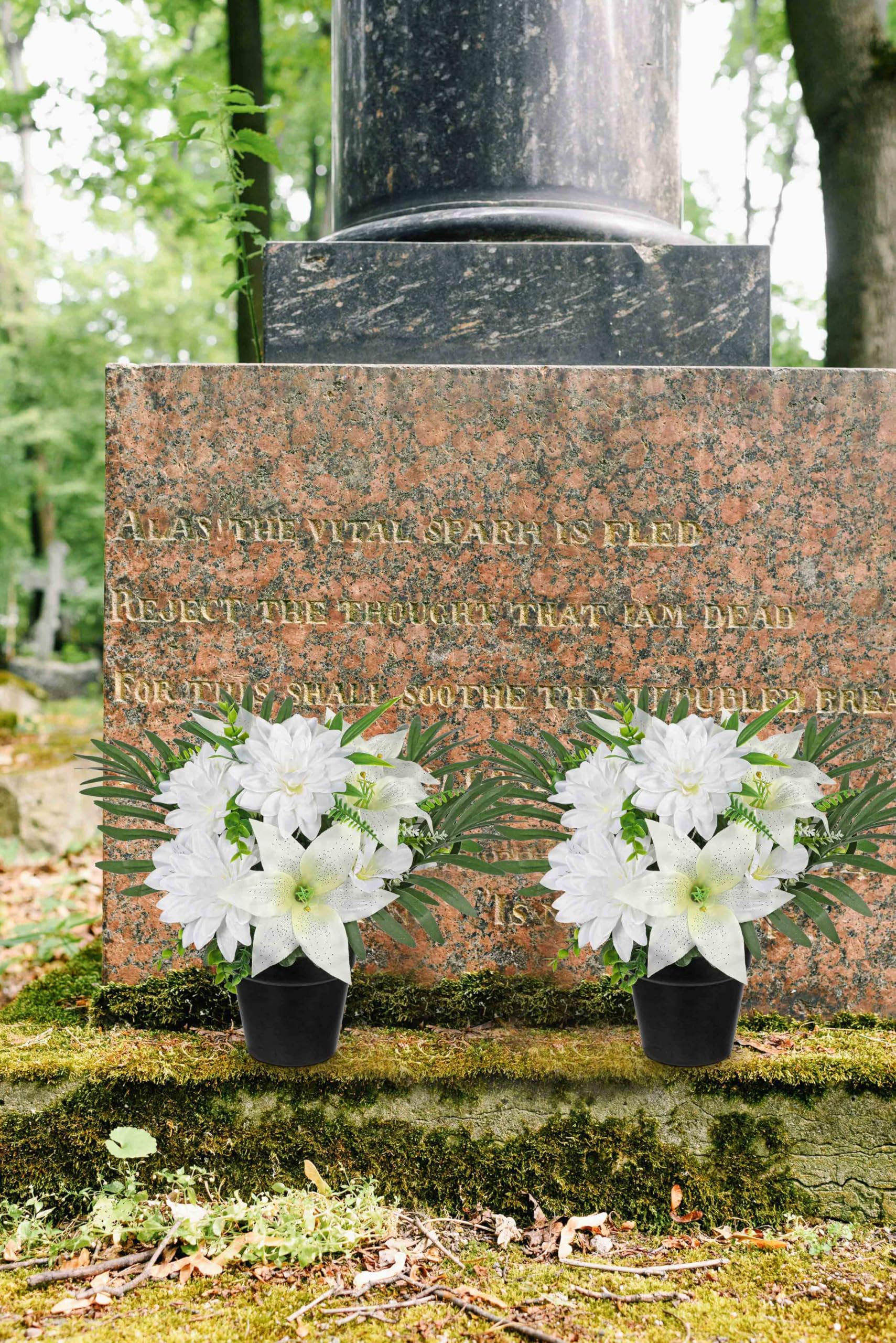 Amazon.de: Hollyone Knstliche Friedhof Blumen fr Grabschmuck, Kunstblumen  im Topf fr Grab, Weie Knstlicher Dahlien und Lilien Deko Blume  Grabgesteck Gedenksttte Seidenblumen