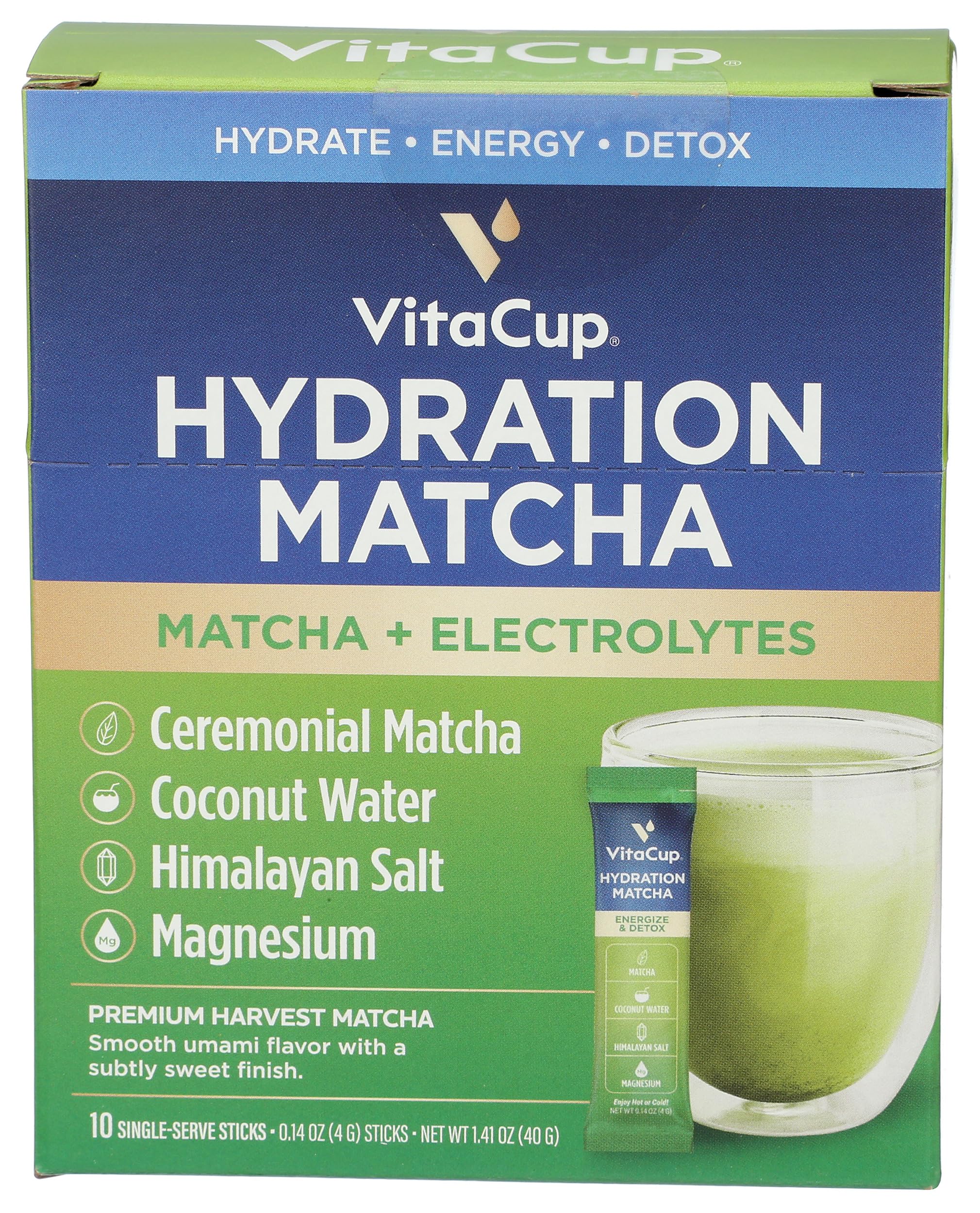 VitaCup Hydration Matcha Electrolytes Premium Harvest Matcha 10 Single-Serve Sticks Pack of 12