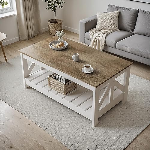 YESHOMY Farmhouse Coffee Table, Wood Square Open Storage Compartment for Living Room, Gray and White