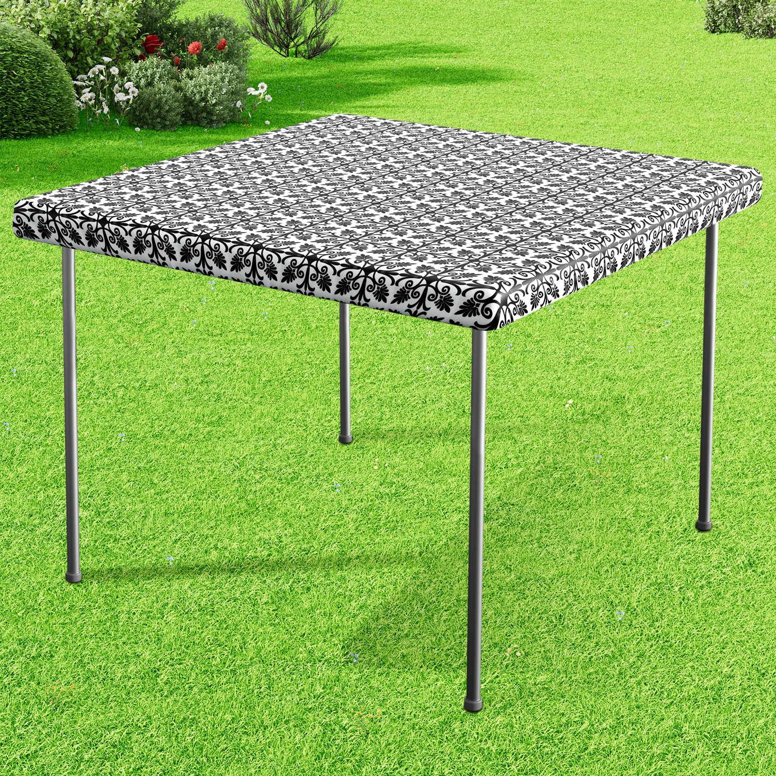 misaya Square Vinyl Table Cloth, Elastic Fitted Flannel Backed Tablecloth, 100% Waterproof Plastic Table Cover Fits Folding Tables for Picnic, Camping