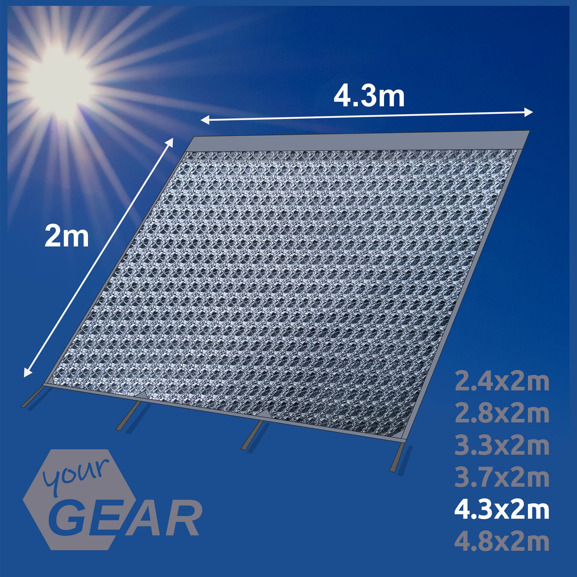 your GEAR Capri Sun Blocker Paroi avant et parois latérales perméable au vent pour auvent, protection visuelle et protection solaire, 3 passepoils, diamètre 4,3, 6,2 et 7 mm, largeurs de 240 à 480 cm