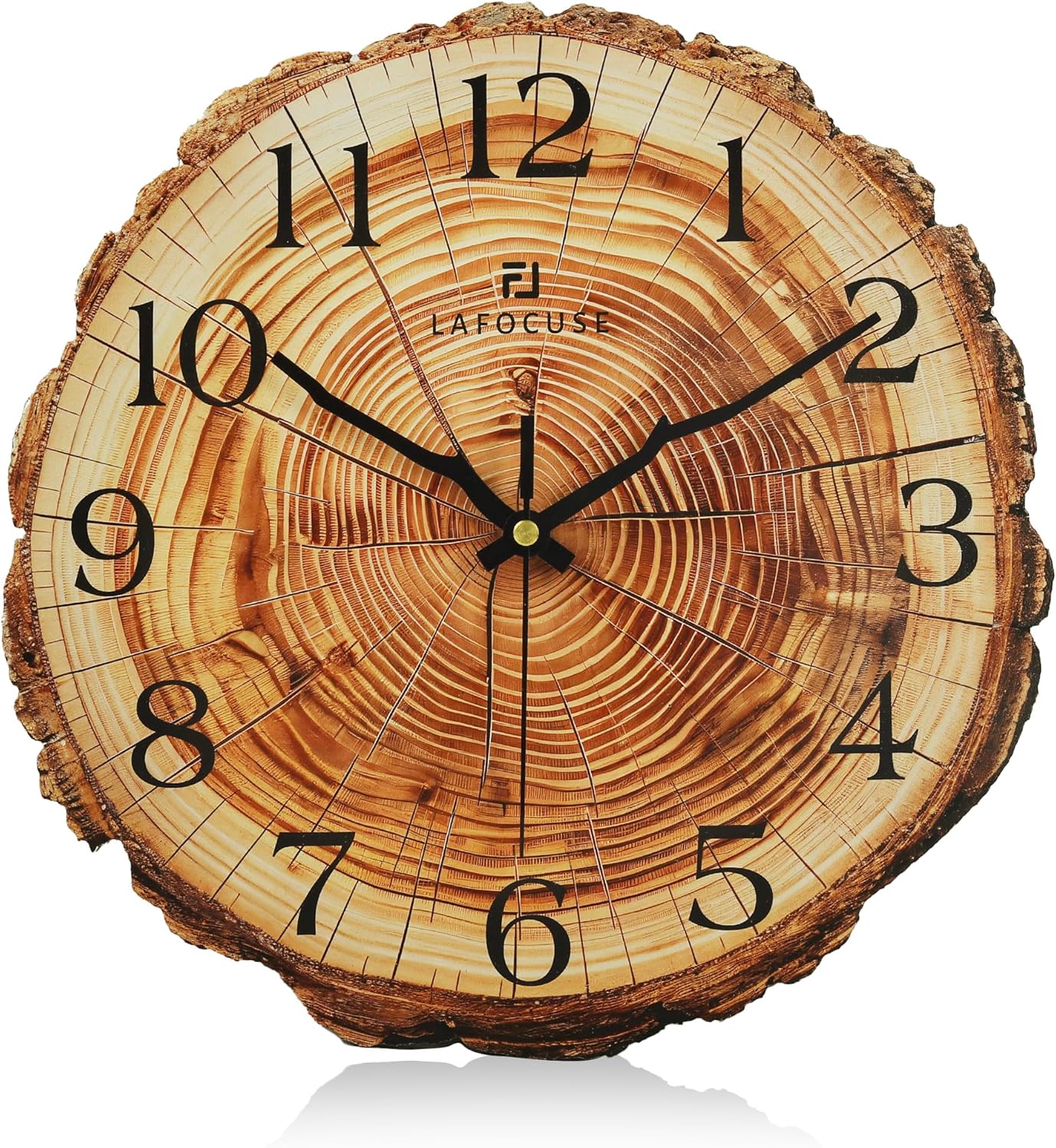 Lafocuse 12 Inch Silent Rustic Wooden Wall Clock Battery Operated, Brown Wall Clock for Living Room Bedroom Kitchen Home Decor, Annual Ring Design