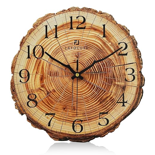 Lafocuse 12 Inch Silent Rustic Wooden Wall Clock Battery Operated, Brown Wall Clock for Living Room