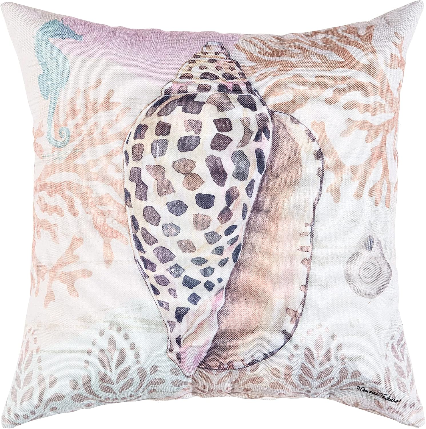 C&F Home Brown Conch Shell w/Seahorse & Coral Indoor/Outdoor Accent Throw Pillow 18" x 18" All Seasons Summer Coastal Beach House Nautical Home Living Room Sofa Couch Chair Bed Bedroom Decor