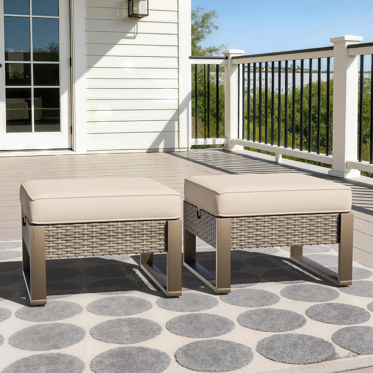 Patio Metal Wicker Ottoman Set of 2, Outdoor PE Rattan Footstools with Removable Cushions & Wood Looking Metal Steel Framed Legs for Garden Backyard Porch Deck, Beige