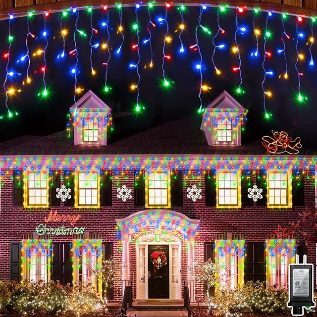 82FT 810 LED Multicolore Icicle lumières de Noël Décor extérieur - 180 Visage diamanté LED Des ampoules, 12 Modes, dimmables, minuterie & Mémoire intérieure & En plein air, 29V Faible tension, énergétique, UL Certifié