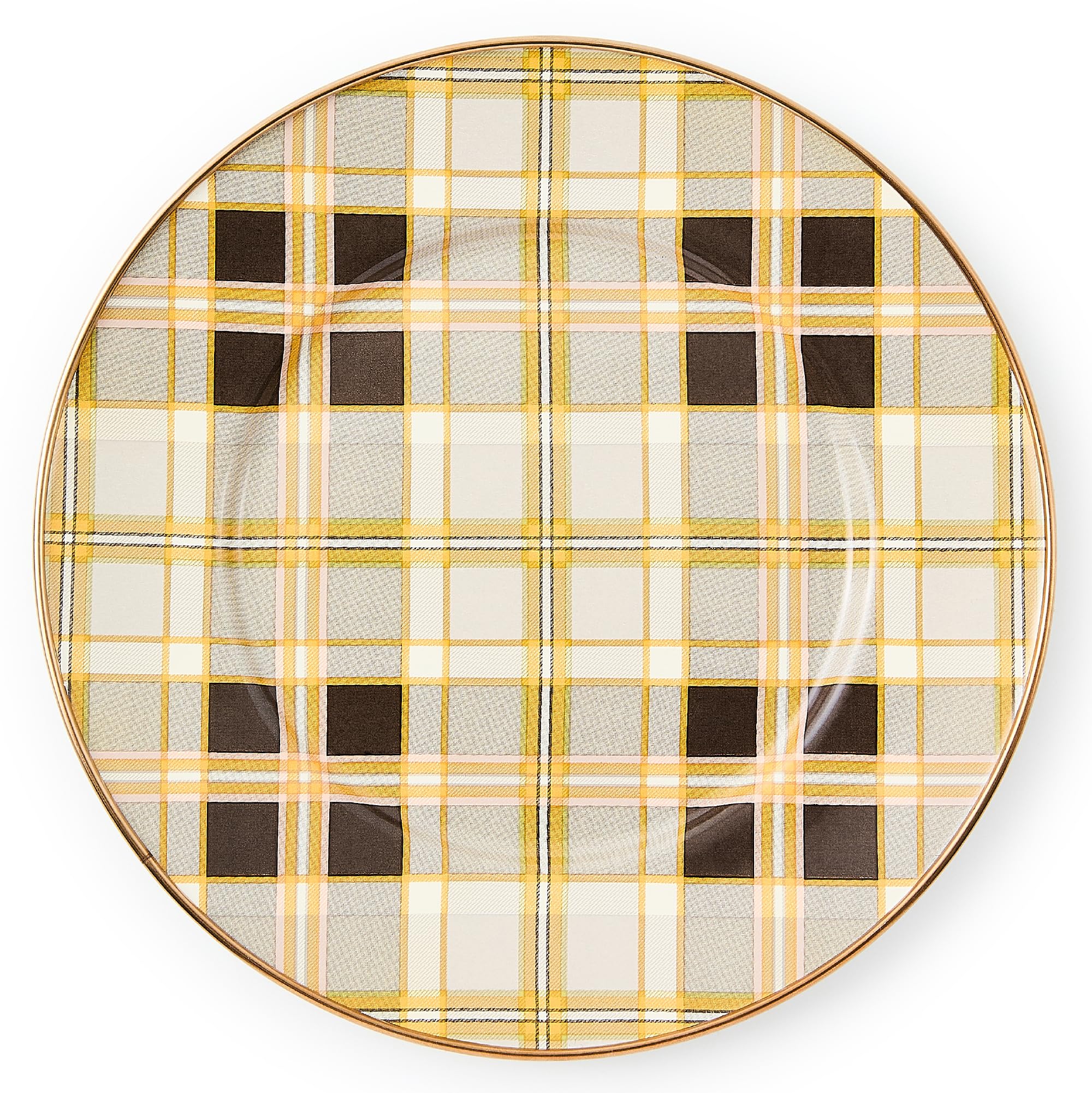 MACKENZIE-CHILDS Enamel Salad and Dessert Plate, Small Plate for a Dessert or Appetizer Dish, 8 Inches, Brown-and-White Tartan Mocha